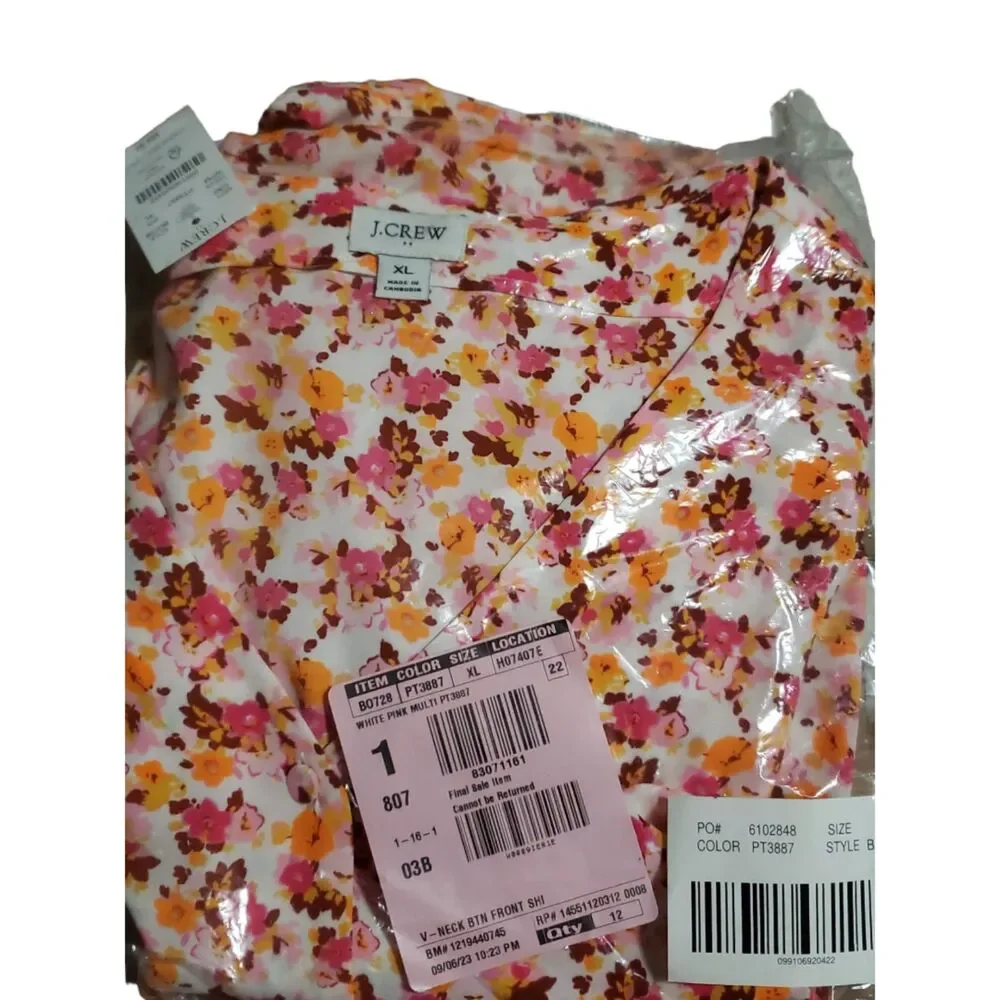 J Crew V-Neck Floral Button Down Shirt Size XL